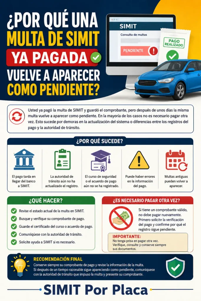 ¿Por qué una multa de SIMIT ya pagada vuelve a aparecer como pendiente? Guía completa