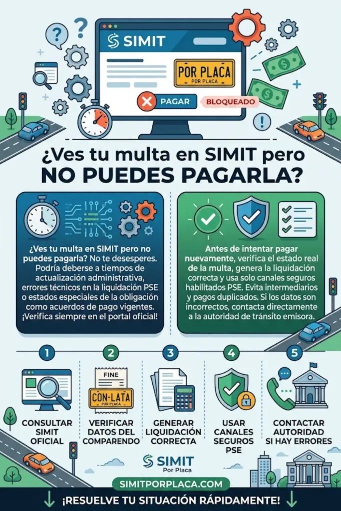 ¿Por qué una multa aparece en SIMIT pero no puedo pagarla?